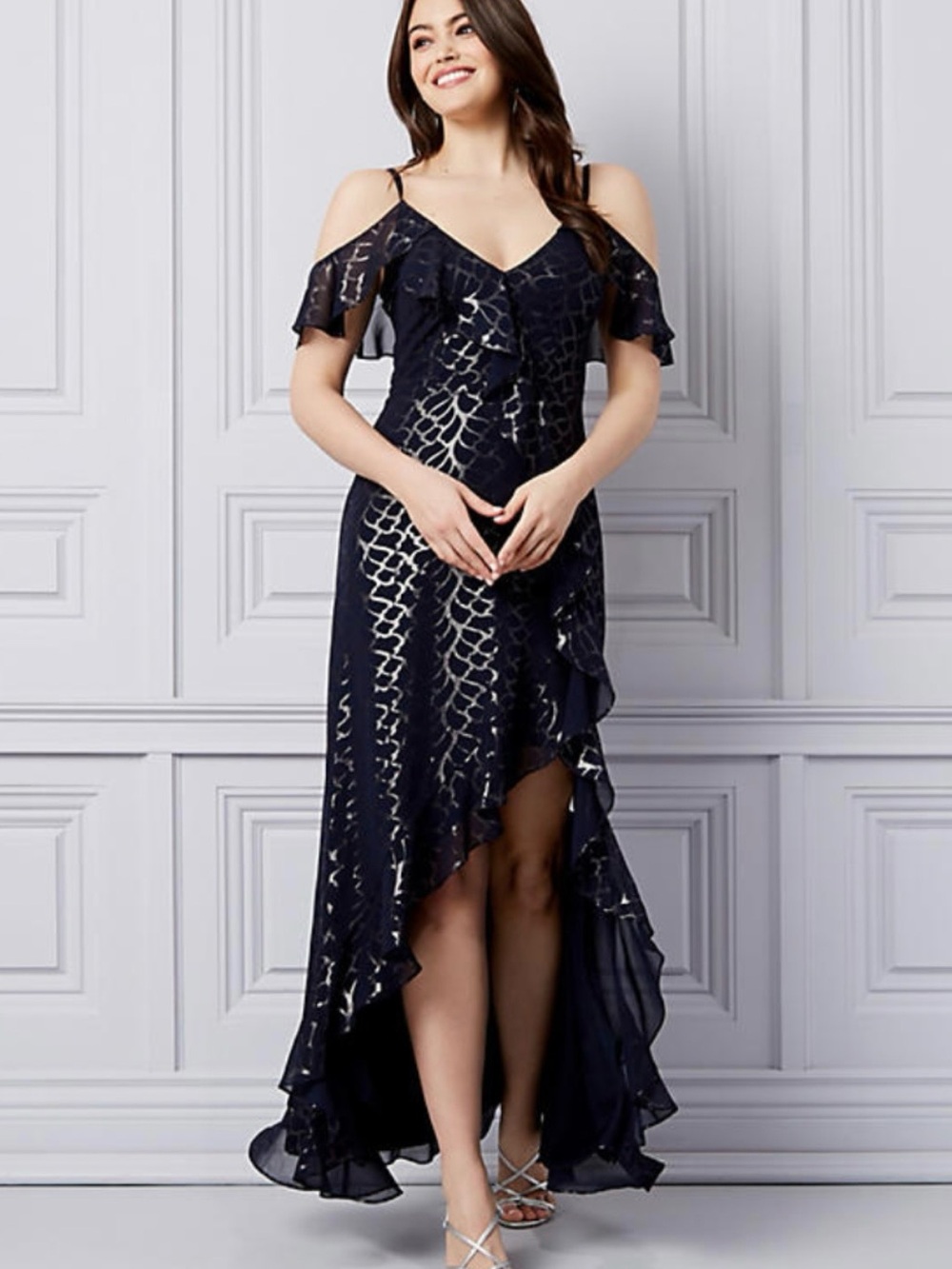 le chateau Navy Cold-Shoulder High-Low Dress with Silver Detail